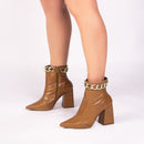 Bota cano médio - Detalhe em corrente - Salto alto, bloco, grosso 9 cm/Feminino