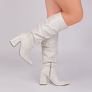 Bota cano alto - Franzida - Salto alto, bloco, grosso 10 cm/Feminino