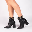 Bota cano médio - Detalhe em corrente - Salto alto, bloco, grosso 9 cm/Feminino