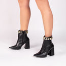 Bota cano médio - Detalhe em corrente - Salto alto, bloco, grosso 9 cm/Feminino