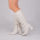 Bota cano alto - Franzida - Salto alto, bloco, grosso 10 cm/Feminino