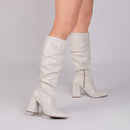 Bota cano alto - Franzida - Salto alto, bloco, grosso 10 cm/Feminino