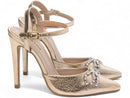Scarpin luxo - Metalizado - Laço de strass - Salto alto, fino 12 cm/Feminino