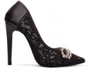 Scarpin luxo - Renda/Vinil - Laço de strass - Salto alto, fino 12 cm/Feminino.