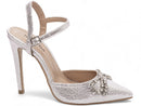Scarpin luxo - Metalizado - Laço de strass - Salto alto, fino 12 cm/Feminino