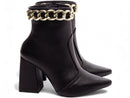 Bota cano médio - Detalhe em corrente - Salto alto, bloco, grosso 9 cm/Feminino