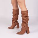 Bota cano alto - Franzida - Salto alto, bloco, grosso 10 cm/Feminino