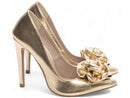 Scarpin luxo - Napa Craquelê - Aplique de flor - Salto alto, fino 12 cm/ Feminino